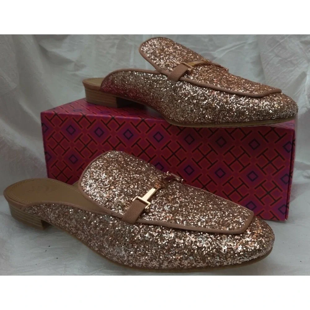 NEW Tory Burch Amelia‎ Backless Loafer Glitter Rose Gold Size 11 M